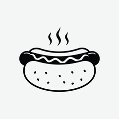 Stylized black and white vector of a hot dog with mustard and steam. Minimalist design, clean lines, perfect for food icons, prints, or digital use.