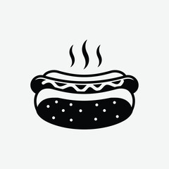 Stylized black and white vector of a hot dog with mustard and steam. Minimalist design, clean lines, perfect for food icons, prints, or digital use.