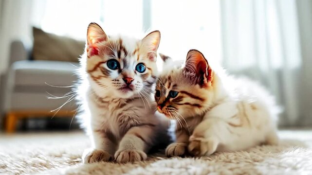 Adorable light-colored kittens with curious expressions exploring indoor space. Two small felines with soft fur and bright eyes are captured mid-stride, showcasing their playful nature and innocent ch