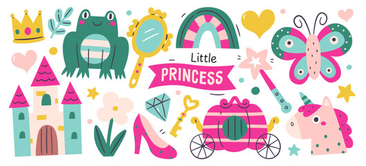 Little princess decorative fantasy design elements colorful fairy tale magic prints isolated set