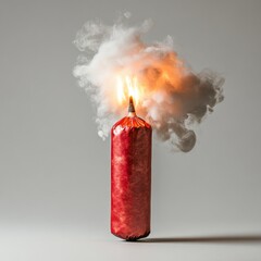 A red candle is lit in front of a cloud of smoke