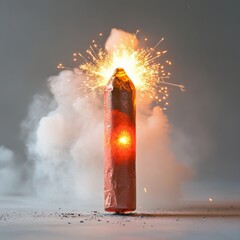 A red candle is lit in front of a cloud of smoke