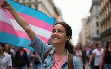 Young woman waving transgender pride flag in the city. High quality