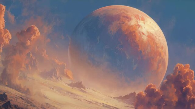 Spaceship soaring through vibrant clouds of distant planet at sunset with majestic celestial backdrop