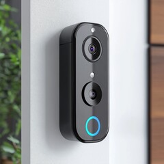 A black security camera with a blue light on the front