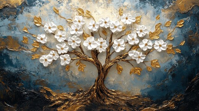 3D wallpaper depicting an oil painting of a tree of life with white flowers and golden leaves against a fantasy art style background.