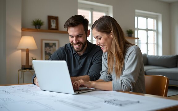 Diverse couple using laptop and looking into the blueprints of their new home. High quality