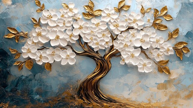 3D wallpaper depicting an oil painting of a tree of life with white flowers and golden leaves against a fantasy art style background.