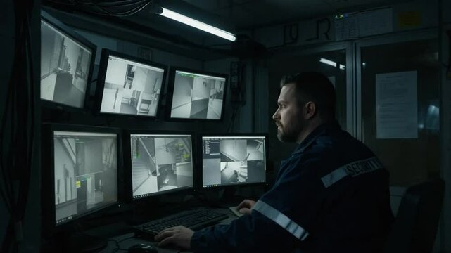 Security Guard Watching Monitors in Lonely Booth at 3am, Night Shift Vigilance