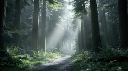 Obraz premium Sunbeams through misty forest path