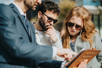 Group of three people engaged in a discussion, reviewing information on a clipboard outdoor. They...