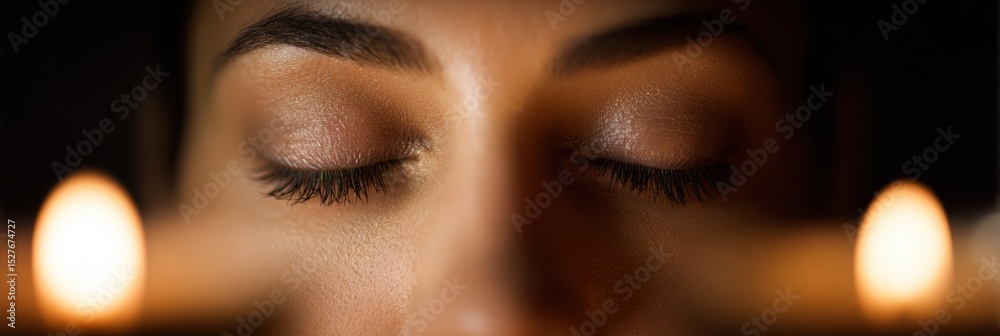 Poster calm eye meditation focuses on candlelight while embracing inner peace and serenity in a tranquil en