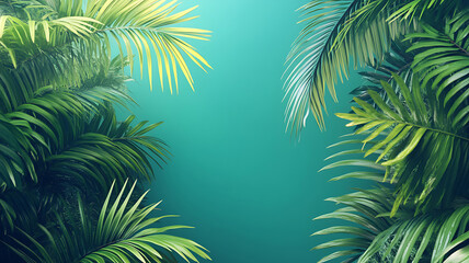 Lush green palm fronds framing turquoise background suitable for tropical summer designs