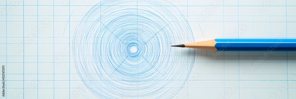Poster blue pencil pointing to the epicenter of seismic waves drawn on graph paper, representing the study 