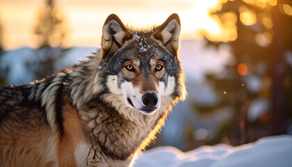 Obraz premium Majestic Gray Wolf in Snowy Sunset Landscape
