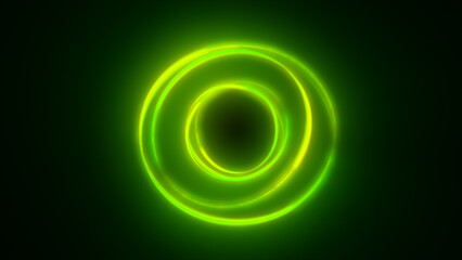 Green glowing twin-ring vortex on black background, representing flow of energy, data, or sci-fi concept