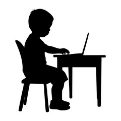 A little boy using laptop sitting on chair full black silhouette vector illustration design