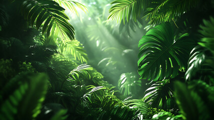 Lush green tropical forest scene with sunlight beaming through dense foliage