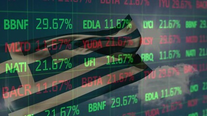 Wind-triggered Greek flag rippling over transparent grid as tickers updating to show market changes - Powered by Adobe