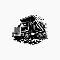 Robust construction industry logo showcasing silhouette of dump truck transporting bulk materials in dynamic style