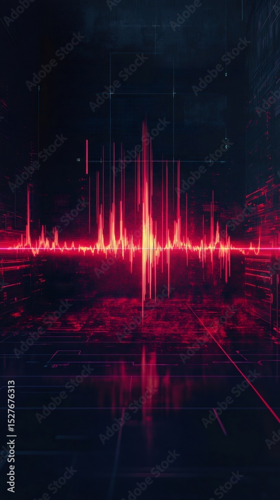 Poster Spreading red seismic waves across a digital landscape, simulating an earthquake within a futuristic environment, highlighting the intensity and magnitude of ground motion in seismology