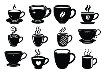 Stylized Coffee and Tea Cup Silhouettes – Vector Icon Set of Hot Drink Mugs and Cups on white background

