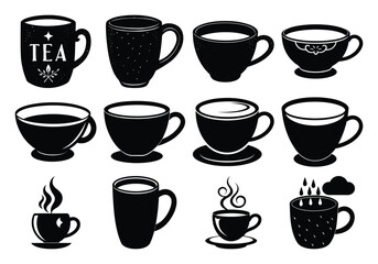Silhouette Tea and Coffee Cups Icon Set – Black Vector Mugs for Hot Beverages and Café Design on white background 