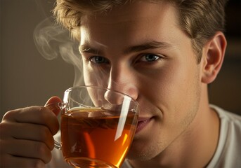 close up photo of a young man drinking a glass of warm tea