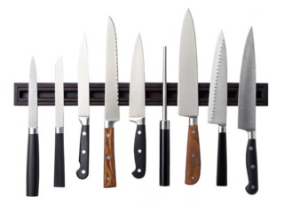 magnetic knife strip white background wall-mounted metal bar for kitchen knife storage magnetic holder organizer cooking tools safe placement transparent background