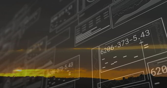 Sliding wireframe panels entering from right visualizing numeric codes and graphs over sunset hills