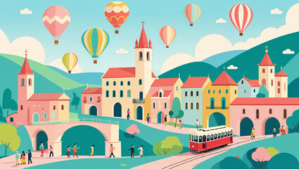 Obraz premium Colorful townscape illustration with hot air balloons, buildings, and people in a scenic environment