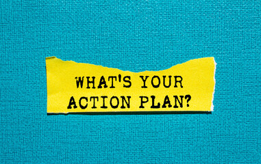 What's your action plan message written on ripped torn yellow paper piece on blue background. Conceptual what's your action plan symbol. Copy space.