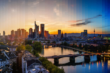 Sliced sunset to night timelapse (timeslice) view of the skyline of Frankfurt am Main, Germany