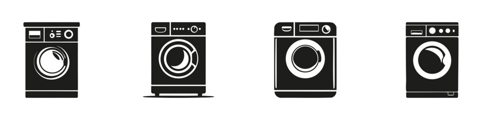 Washing Machine Silhouettes In Icon Set. Home Appliance And Laundry Equipment Symbol Collection. Household And Domestic Use. Isolated Vector Illustration