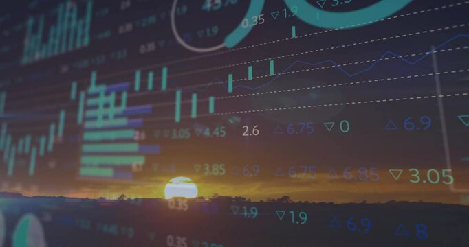 Sunrise initiating candlestick chart, bars rising, gauges pulsing for illustrating market trend