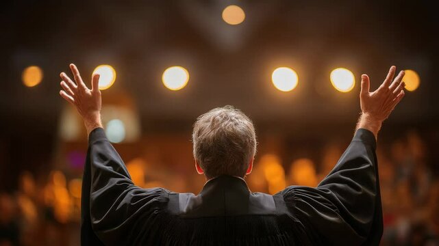 A preacher with arms raised, delivering a sermon to a gathering in a church.