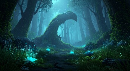 Enchanted Forest Path Mystical Night Scene with Glowing Flora