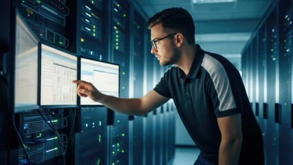 professional IT technician with network equipment in server room - Powered by Adobe
