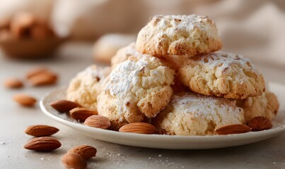 A plate of soft and fluffy almond cookies, dusted with fine white sugar, Generative AI