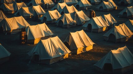 Warm sunset light illuminating rows of tents set up in a designated area, providing temporary housing and support to people affected by a natural disaster or crisis