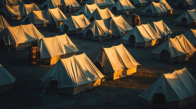 Warm sunset light illuminating rows of tents set up in a designated area, providing temporary housing and support to people affected by a natural disaster or crisis
