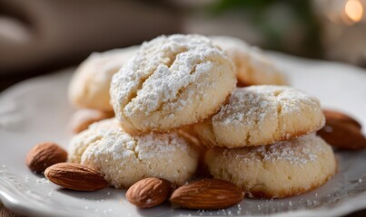 A plate of soft and fluffy almond cookies, dusted with fine white sugar, Generative AI