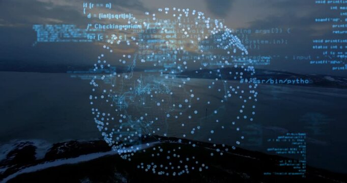 Globe rising over dusky coast rotating while code scrolling and fluctuating visualizing network