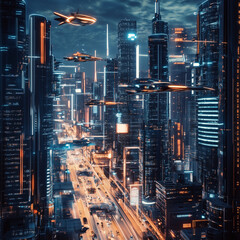 Naklejka premium Futuristic Cityscape with Flying Cars and Neon Lights. Smart Urban Skyline of the Future with Air Traffic. Sci-Fi Metropolis with Advanced Flying Vehicles