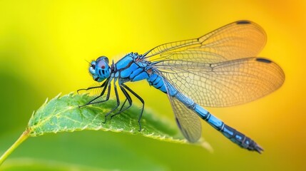 Vibrant blue dragonfly perched on a leaf,  with translucent wings and soft, out-of-focus background