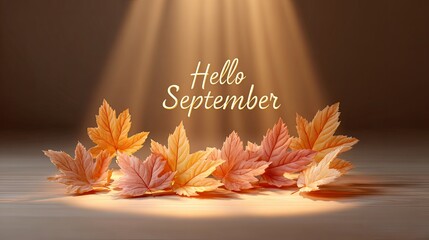Seasonal Vibe Hello September, Beautiful autumn leaves welcoming the arrival of September. Hello September with Pastel Autumn Leaves and Golden Light, Soft Fall Leaves for Hello September