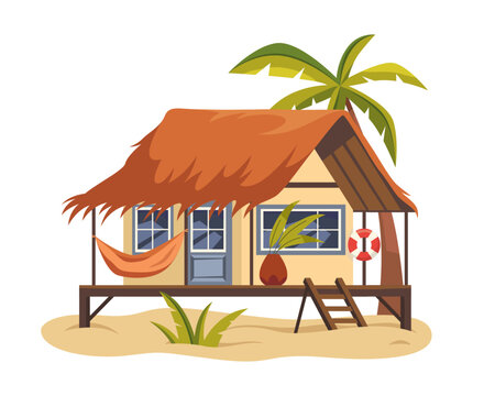 Vector beach house or tropical hut. Wooden bungalow with palm tree, hammock. Cabana or summerhouse on coastal island, shack or shelter. Sea and ocean, water holiday. Shore architecture symbol.