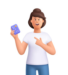 Young smiling woman Jane holding and pointing to credit debit card or digital payment card. Payment, banking and shopping concept. 3d vector people character. Cartoon minimal style.