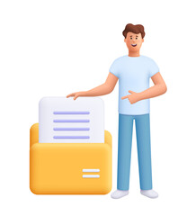 Young smiling man James pointing at huge folder with document file. Business, office concept. 3d vector people character. Cartoon minimal style.