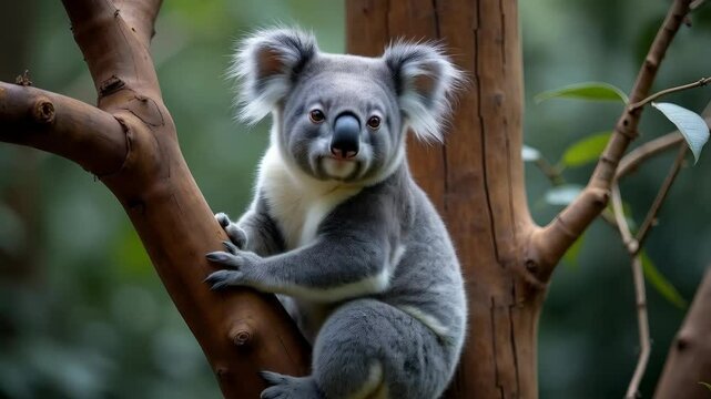 A fluffy gray koala clings to a textured tree branch, gazing forward with a gentle expression amidst blurred greenery